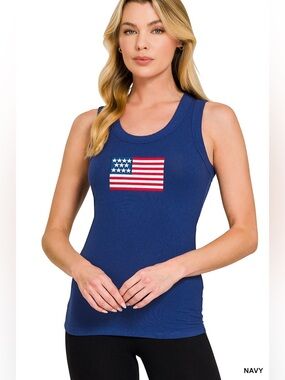 Zenana RIBBED AMERICAN FLAG SCOOP NECK TANK TOP